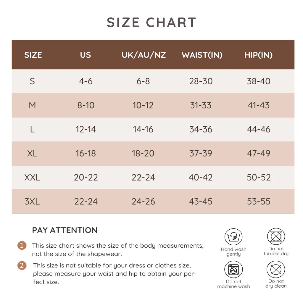 Size chart for clothing measurements in US, UK/AU/NZ, waist, and hip inches. Black Dark Grey Dark Brown