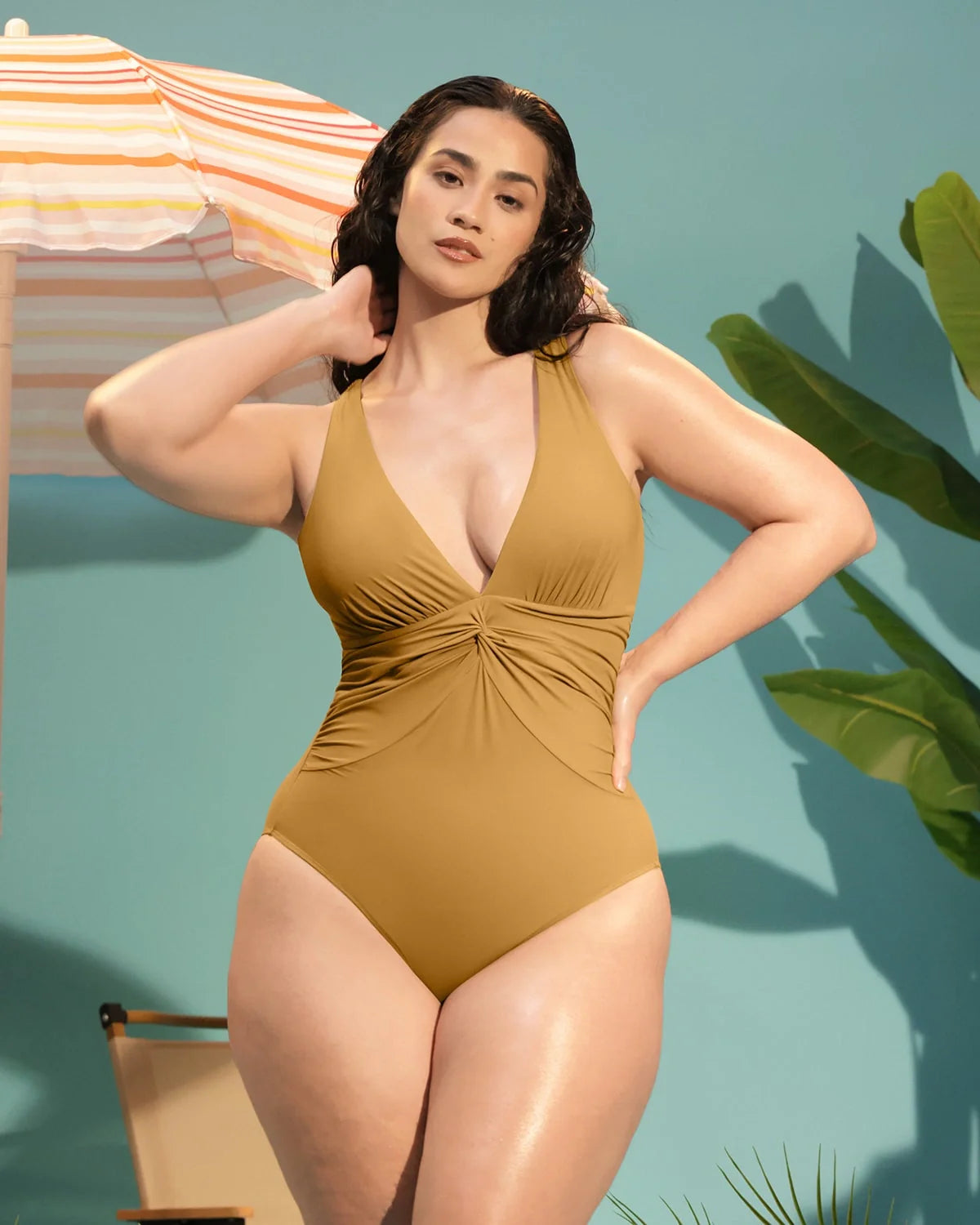 Ruched Twist-Front Shaping Swimsuit