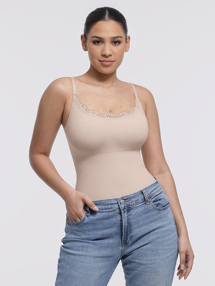 Women's Bodysuit – Seamless Lace Cami Waist & Abdomen Shaping Thong