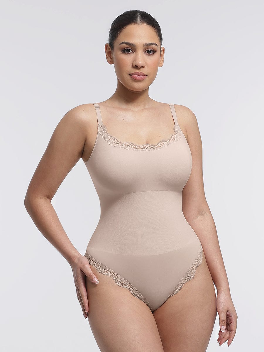 Women's Bodysuit – Seamless Lace Cami Waist & Abdomen Shaping Thong