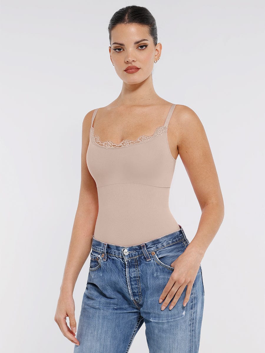 Women's Bodysuit – Seamless Lace Cami Waist & Abdomen Shaping Thong