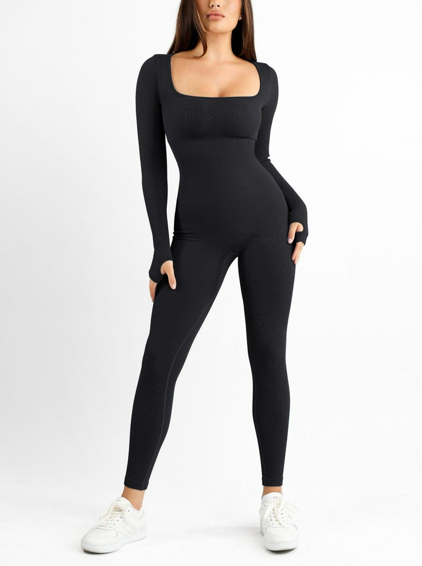 Women's Seamless Jumpsuit – Thumb-Hole Square Neck Long Sleeve Shapewear