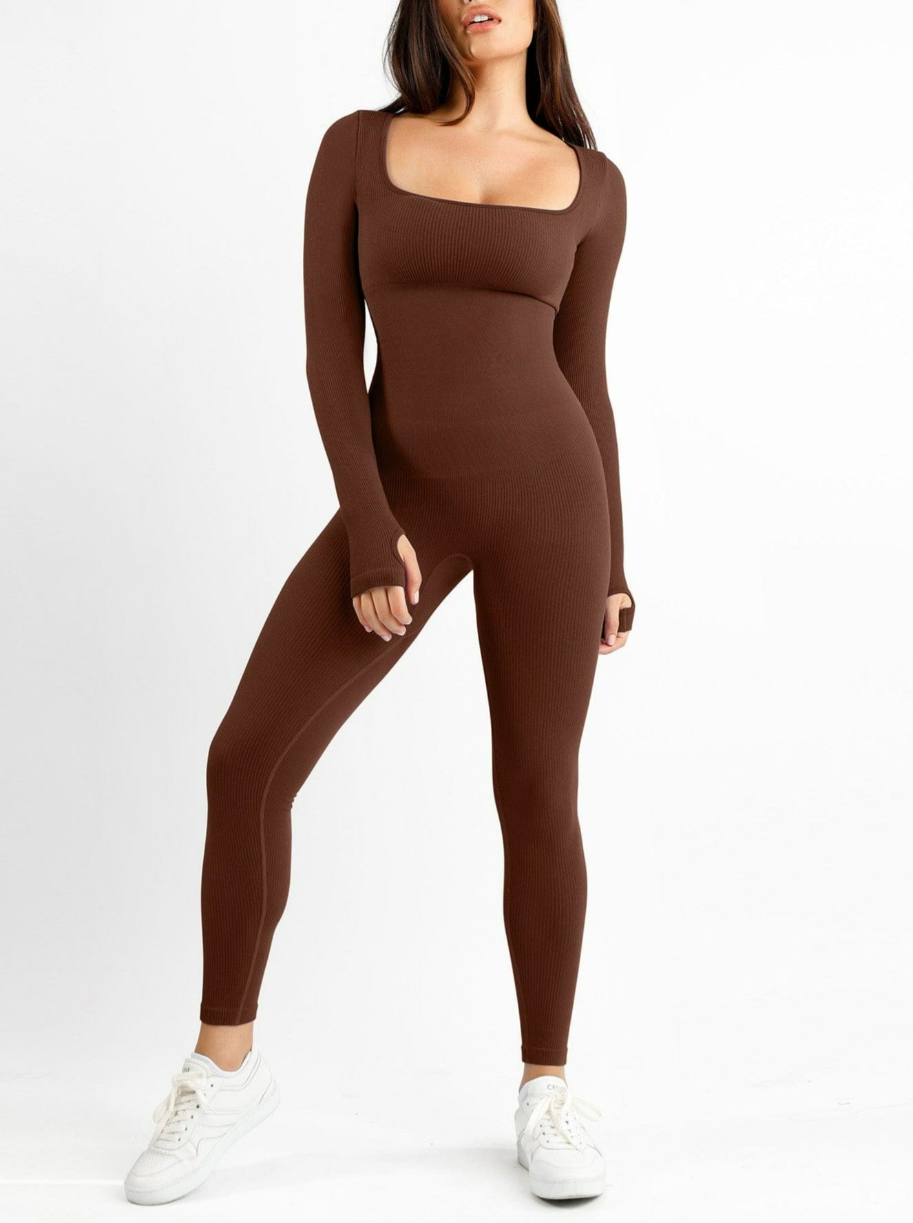 Women's Seamless Jumpsuit – Thumb-Hole Square Neck Long Sleeve Shapewear
